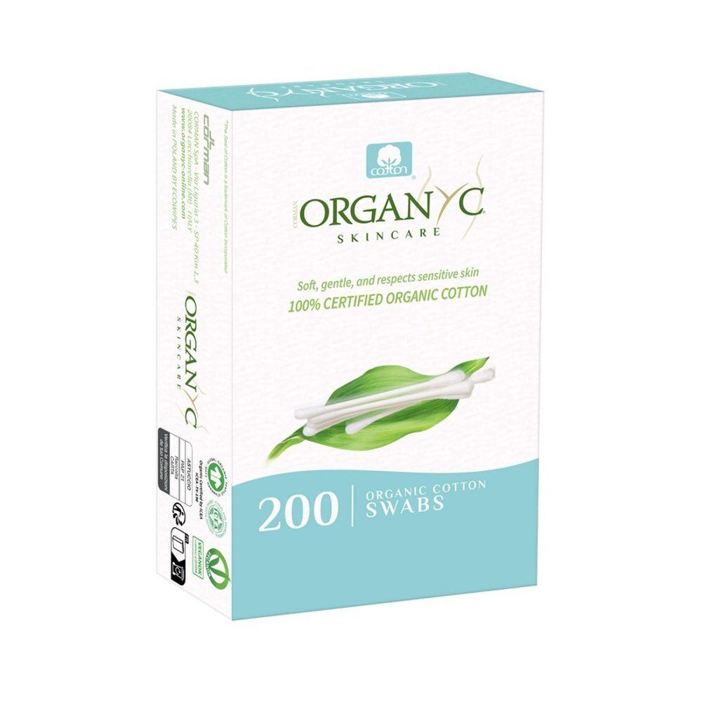 Arrière de l'emballage des bâtonnets de coton bio Organyc avec informations produit multilingues.