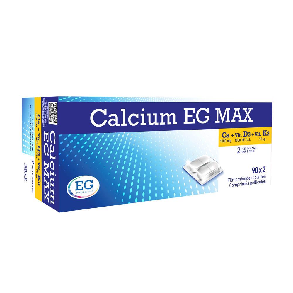 Face avant de la boîte Calcium EG MAX. Indique 1000 mg Calcium, 1000 UI Vit D3, 75 µg Vit K2.