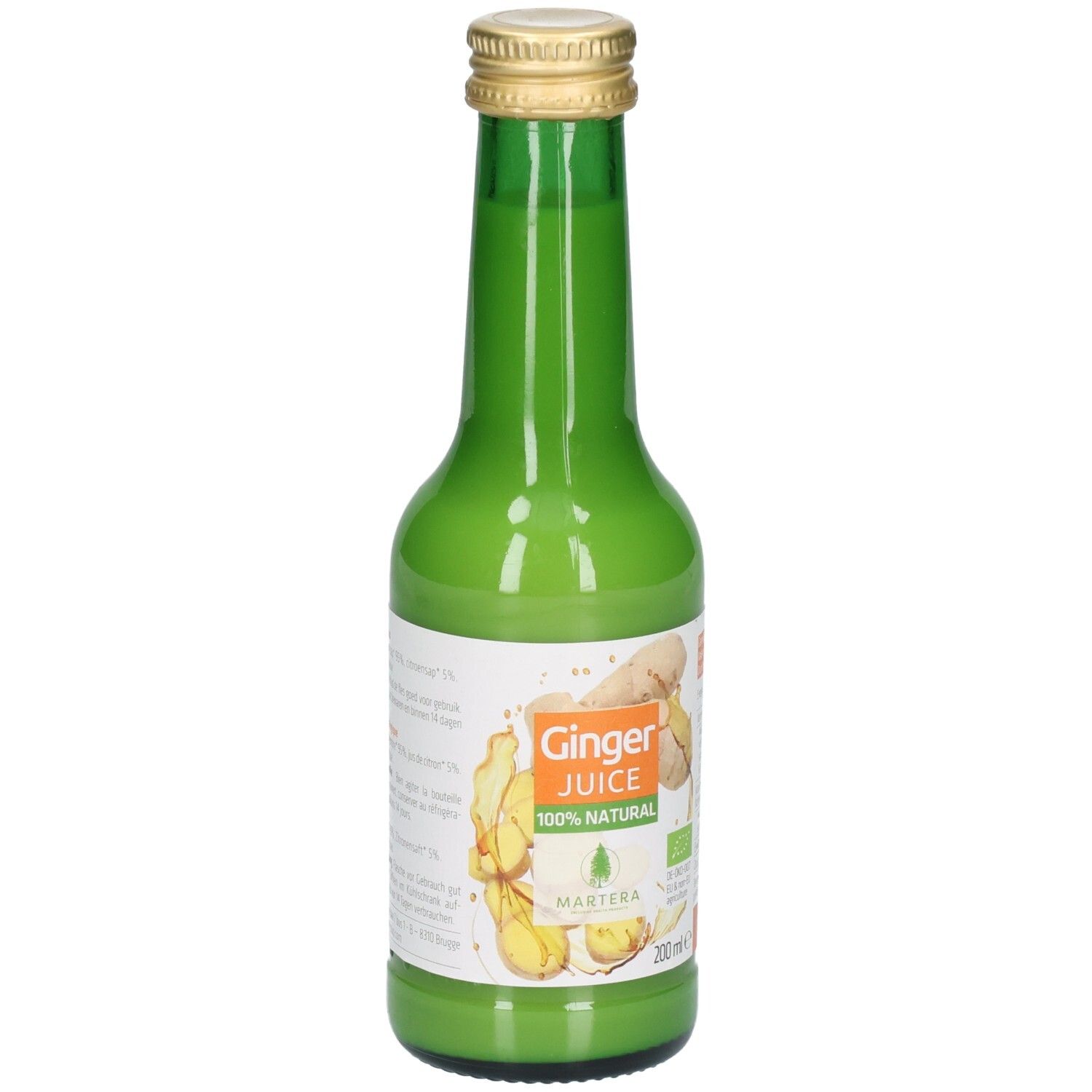 Bouteille en verre verte avec bouchon doré, remplie de jus clair. Étiquette avec "Ginger JUICE 100% NATURAL" et illustration de gingembre.
