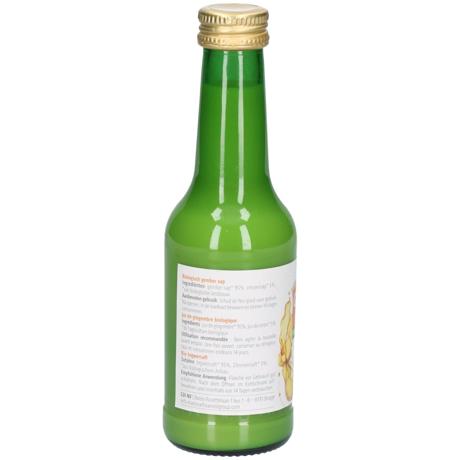 Arrière d'une bouteille en verre verte avec une étiquette listant les ingrédients et les informations nutritionnelles en allemand.