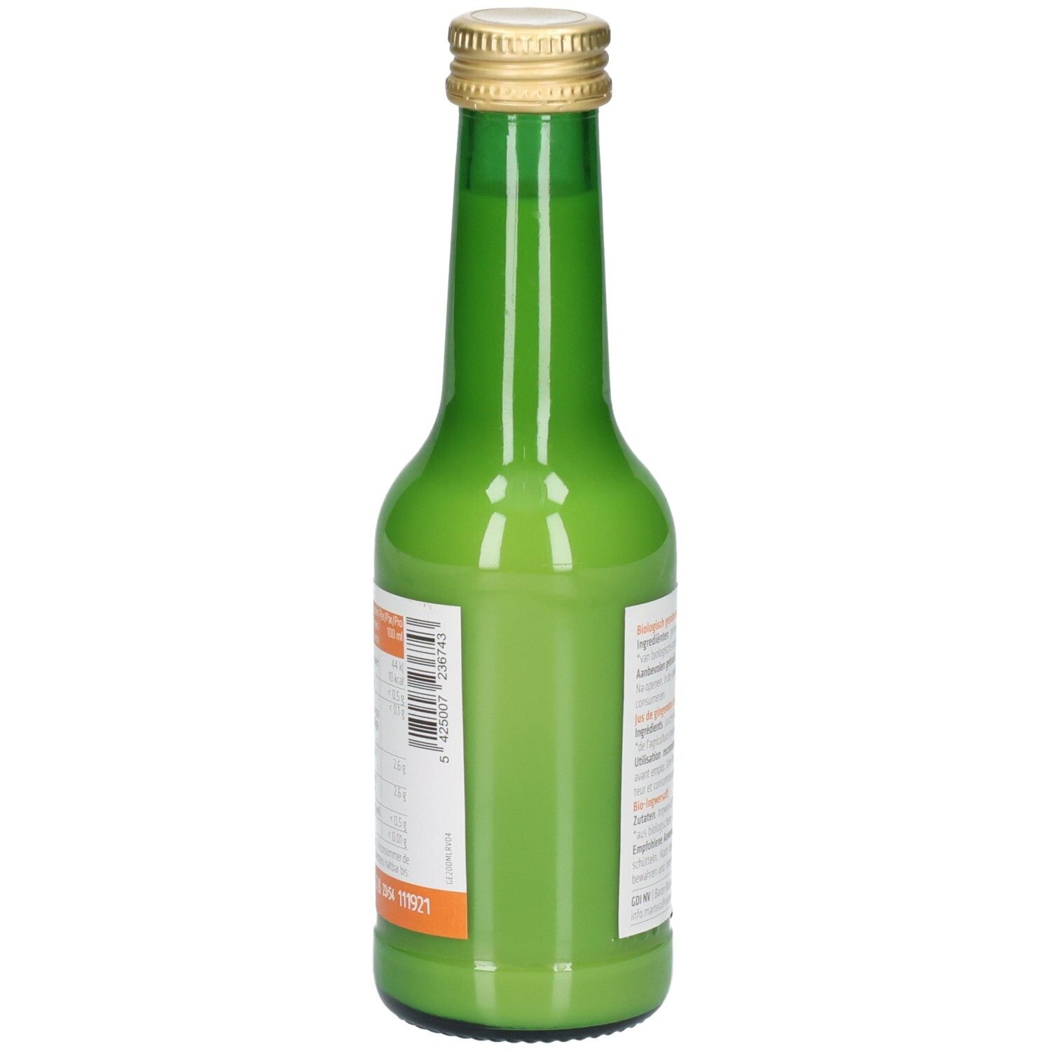 Vue latérale d'une bouteille en verre verte avec un bouchon doré. L'étiquette présente des informations sur le produit et un code-barres.
