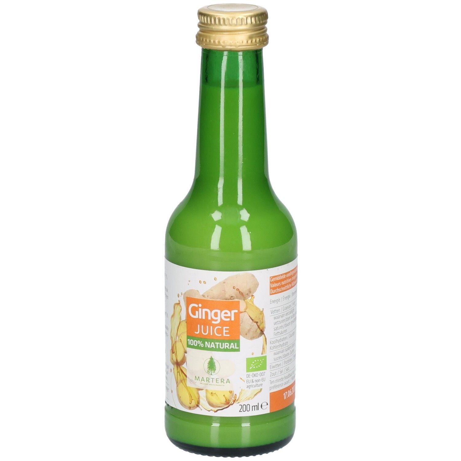 Bouteille en verre verte avec bouchon doré, remplie de jus clair. Étiquette avec "Ginger JUICE 100% NATURAL" et illustration de gingembre.