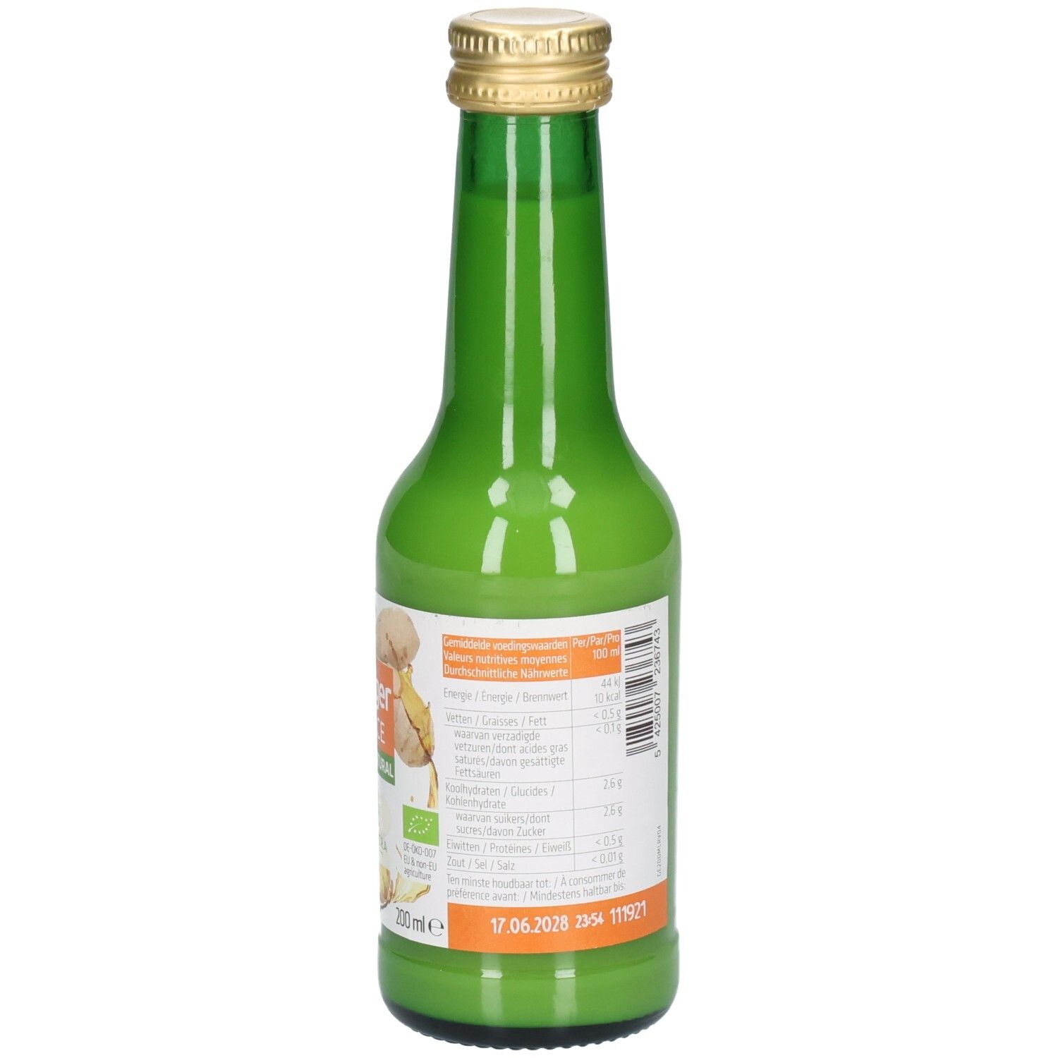 Arrière d'une bouteille en verre verte avec une étiquette montrant les informations nutritionnelles et la date de péremption en plusieurs langues.