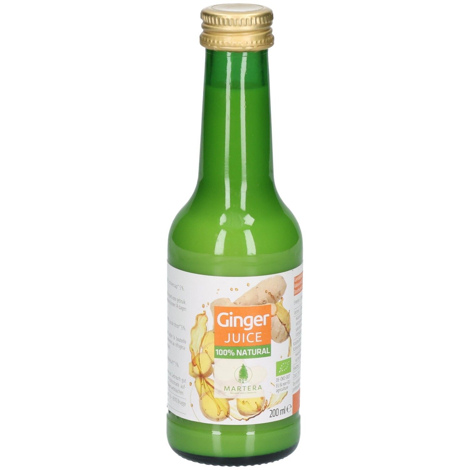 Bouteille en verre verte avec bouchon doré, remplie de jus clair. Étiquette avec "Ginger JUICE 100% NATURAL" et illustration de gingembre.
