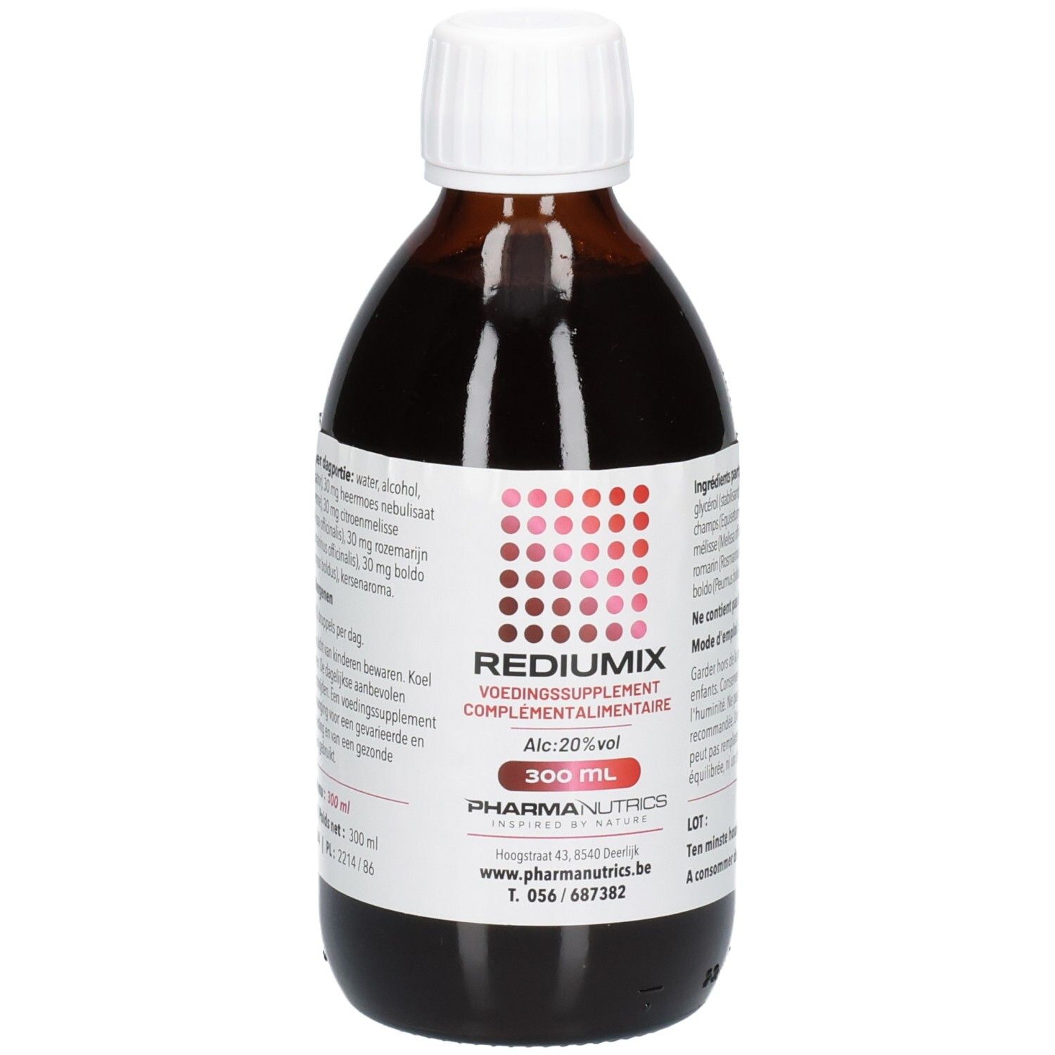 Bouteille en verre brun avec bouchon à vis blanc, contenant un liquide foncé. Étiquette avec motif rouge et nom du produit.