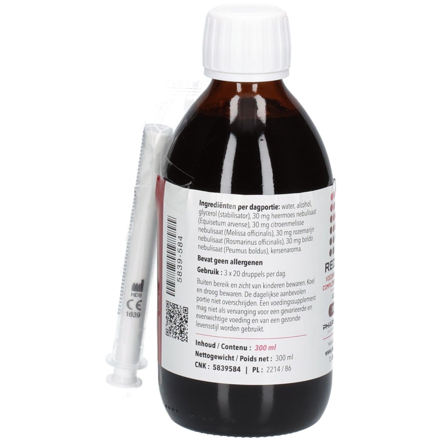 Bouteille en verre brun avec bouchon à vis blanc et une seringue jointe. Étiquette avec informations produit et code-barres.