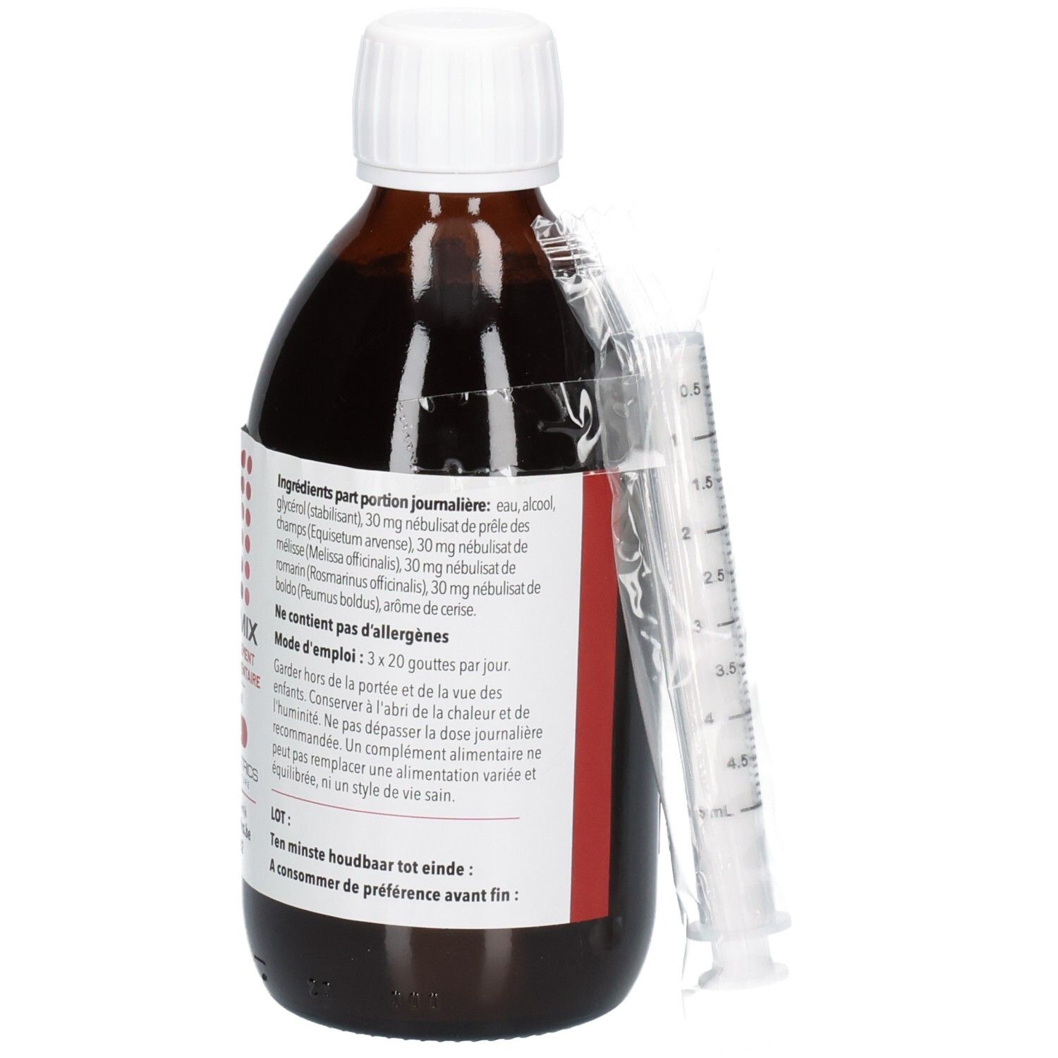 Bouteille en verre brun avec bouchon à vis blanc, une seringue emballée sur le côté. Étiquette avec informations produit en français.