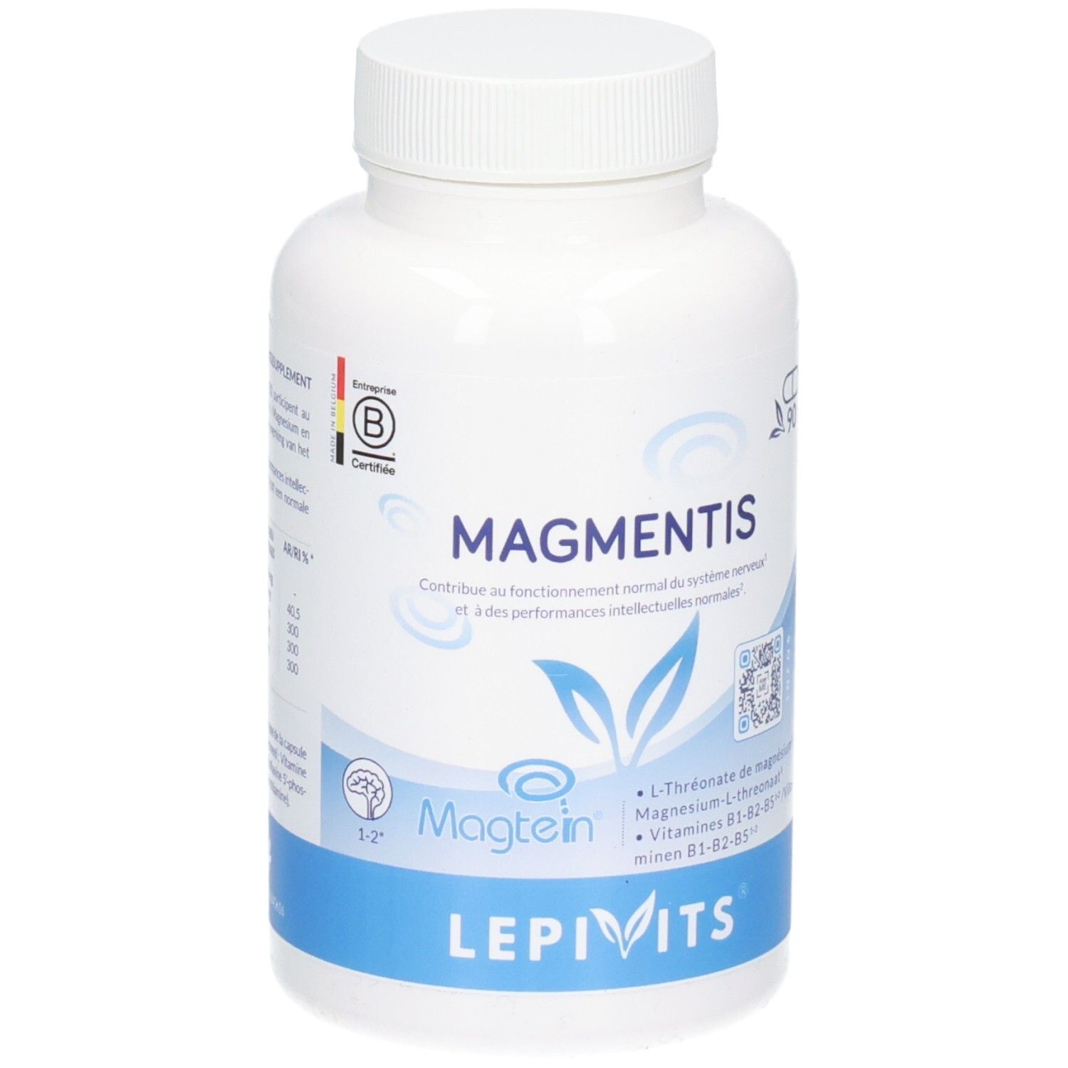 Flacon blanc de capsules avec une bande bleue. Indique le nom du produit 'MAGMENTIS' et le logo 'LEPIVITS'.