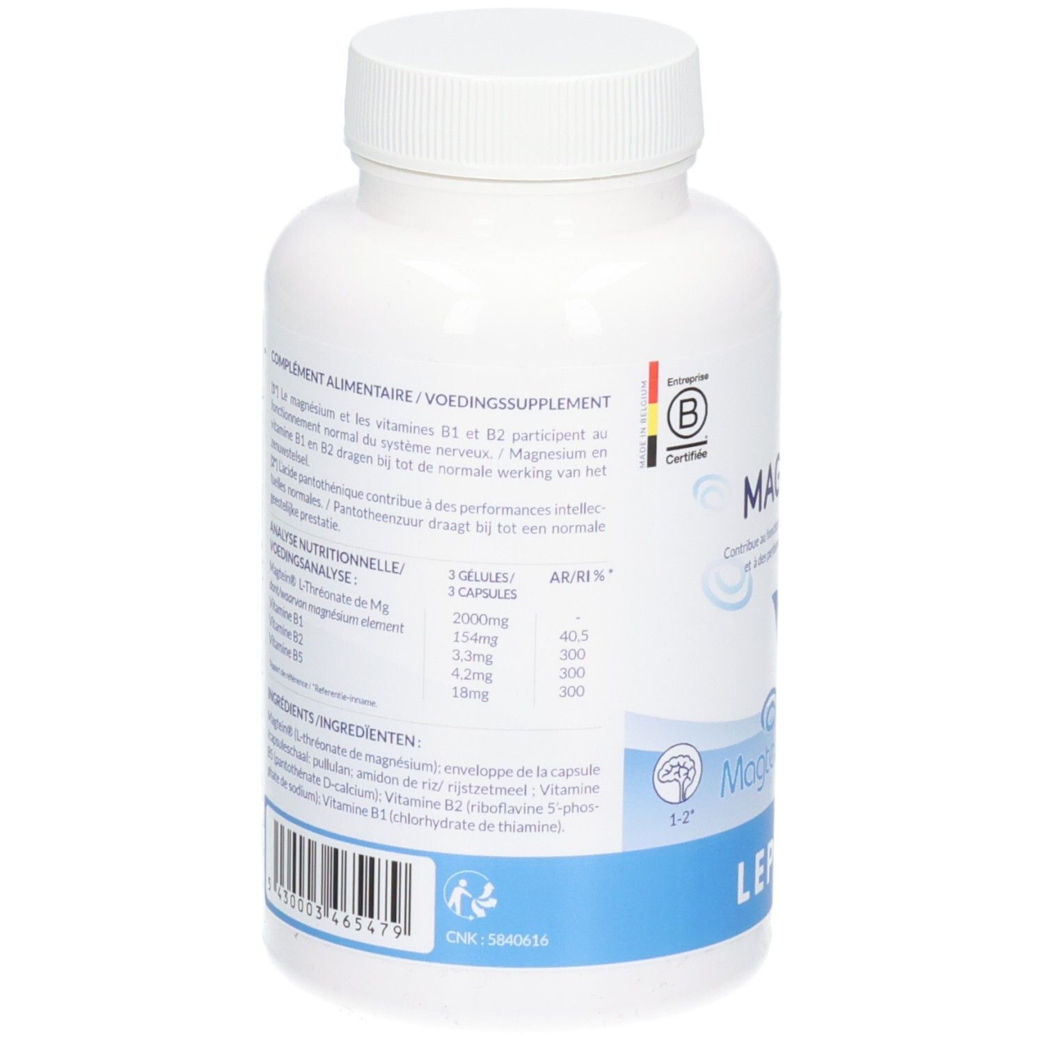 Arrière d'un flacon blanc de capsules. Contient des informations nutritionnelles et des ingrédients en plusieurs langues.