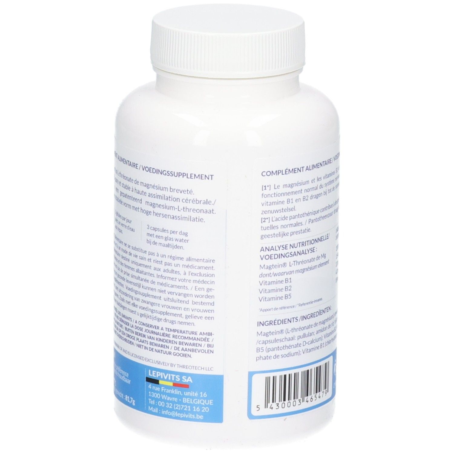 Arrière d'un flacon blanc de capsules. Affiche des détails d'utilisation et des informations du fabricant.