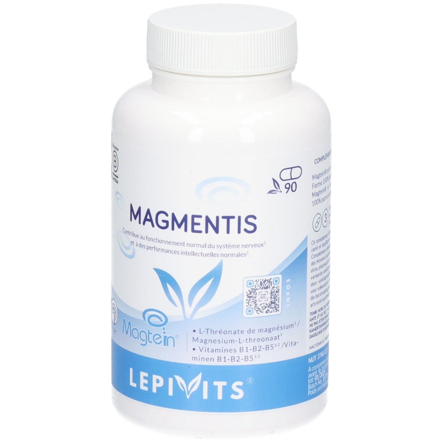 Flacon blanc de capsules avec bande bleue. Indique 'MAGMENTIS', '90' capsules et le logo 'LEPIVITS'.