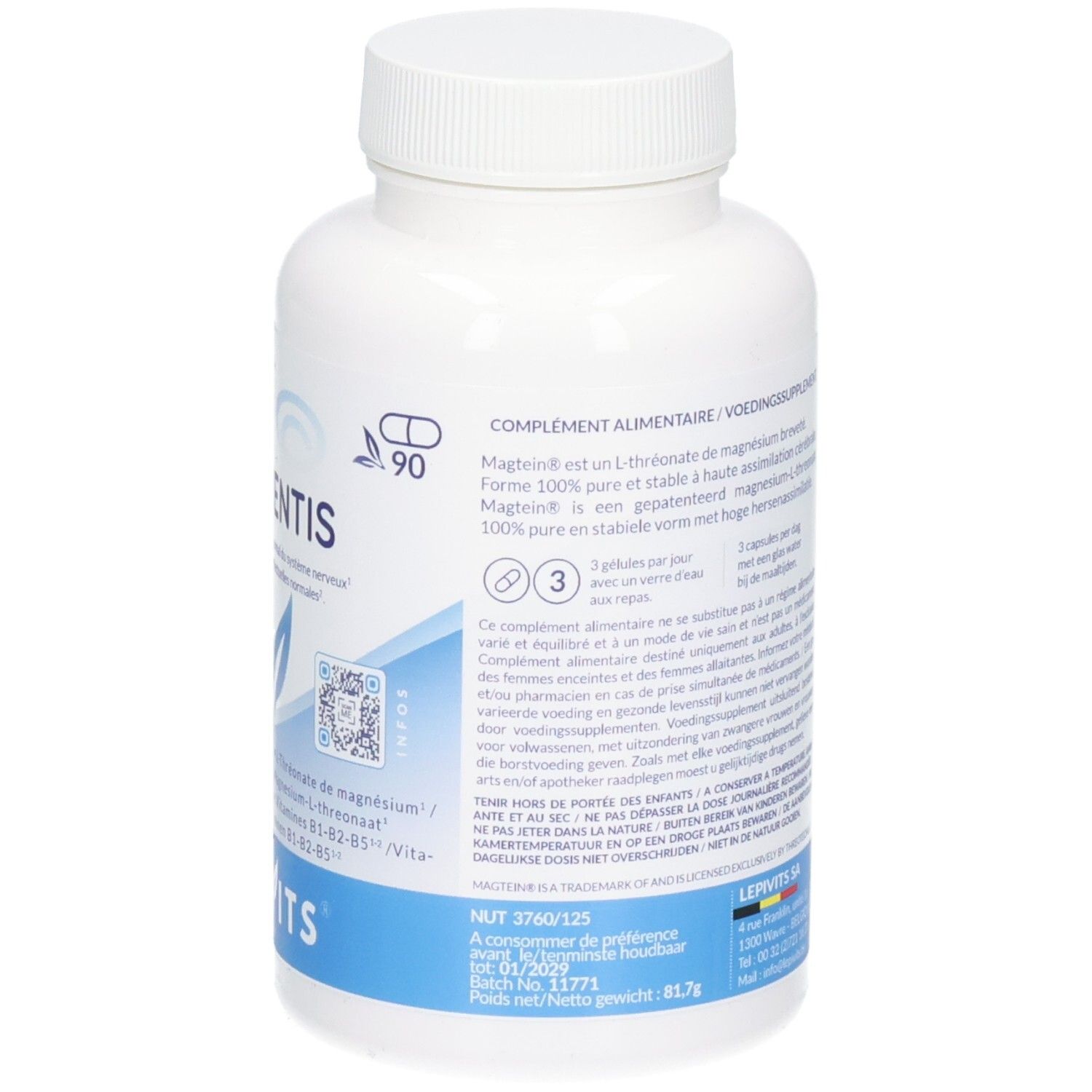 Arrière d'un flacon blanc de capsules. Indique '90' capsules, des informations produit et le logo 'LEPIVITS'.