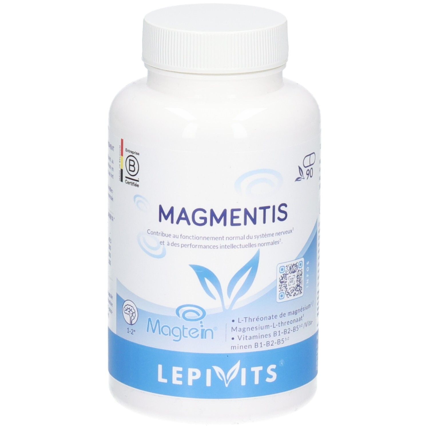 Flacon blanc de capsules avec bande bleue. Indique 'MAGMENTIS', '90' capsules et le logo 'LEPIVITS'.