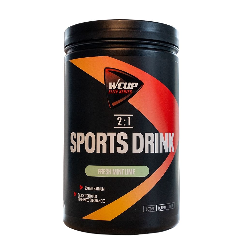 Wcup Sports Drink 2:1 Fresh Mint Lime poudre en boîte noire, face avant avec accents orange et rouge.