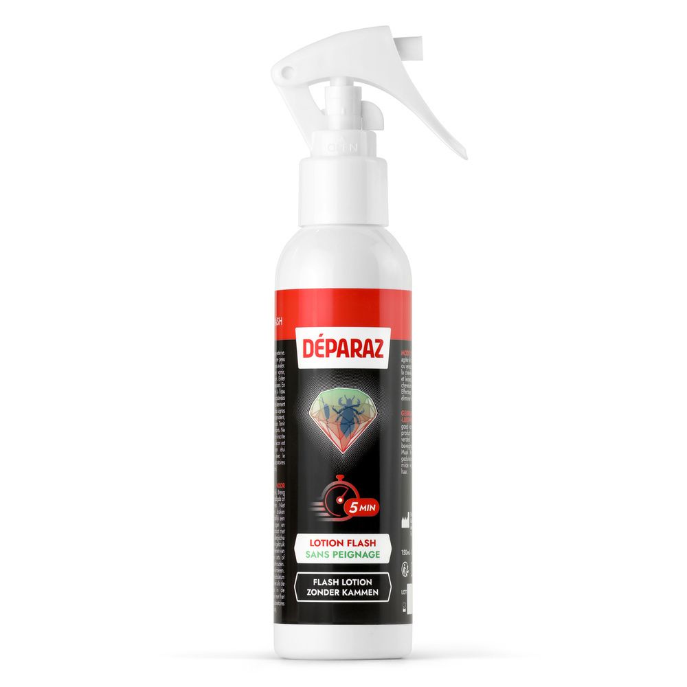 Emballage de Lotion Flash Déparaz Poux avec tête de pulvérisation, vue latérale.