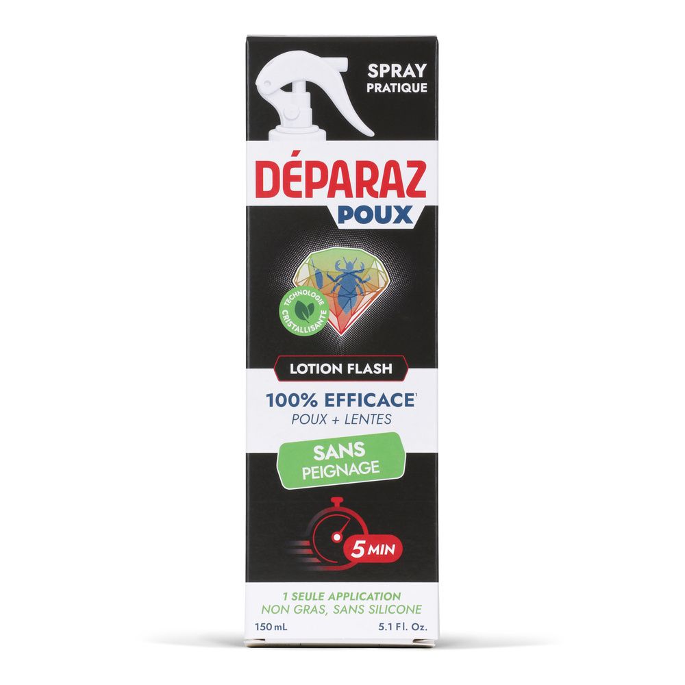 Emballage de Lotion Flash Déparaz Poux avec tête de pulvérisation, vue arrière.