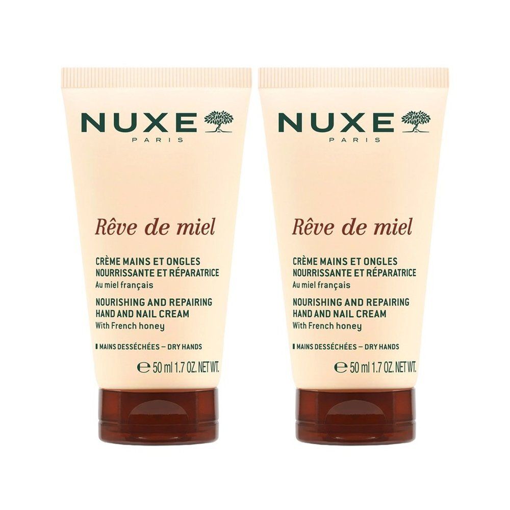 Deux tubes de crème pour les mains et ongles Nuxe Rêve de Miel, chacun 50ml.