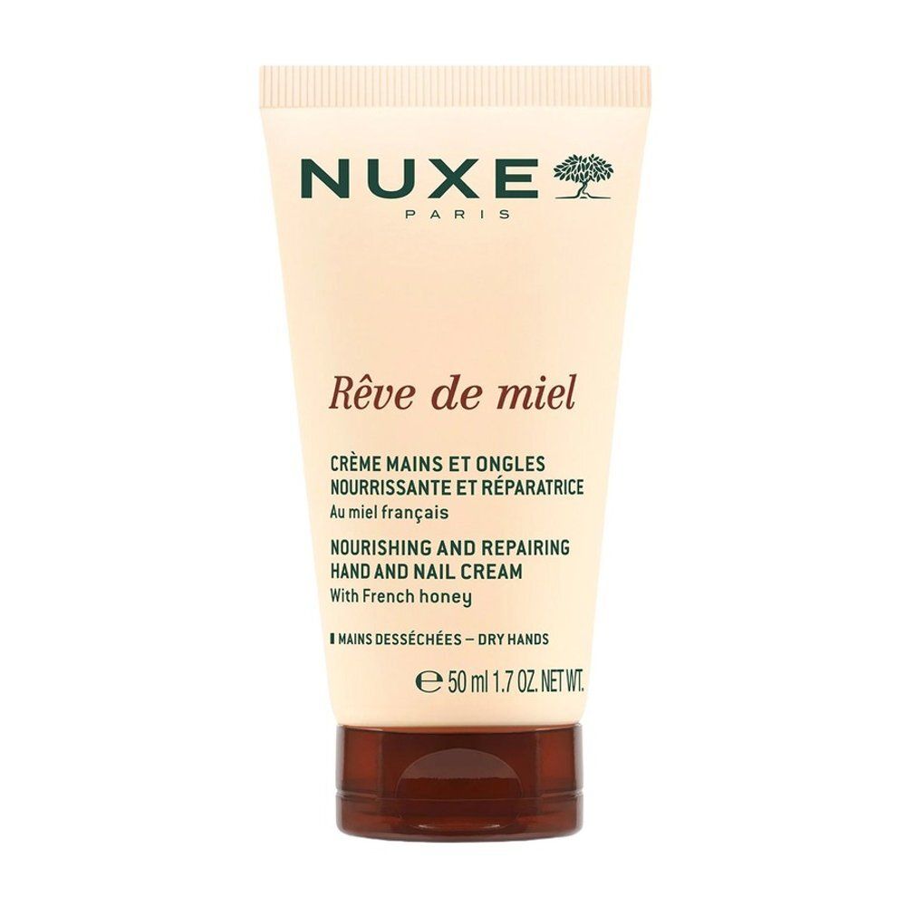 Nuxe Rêve de miel crème mains et ongles dans un tube beige clair avec bouchon marron. 50 ml.