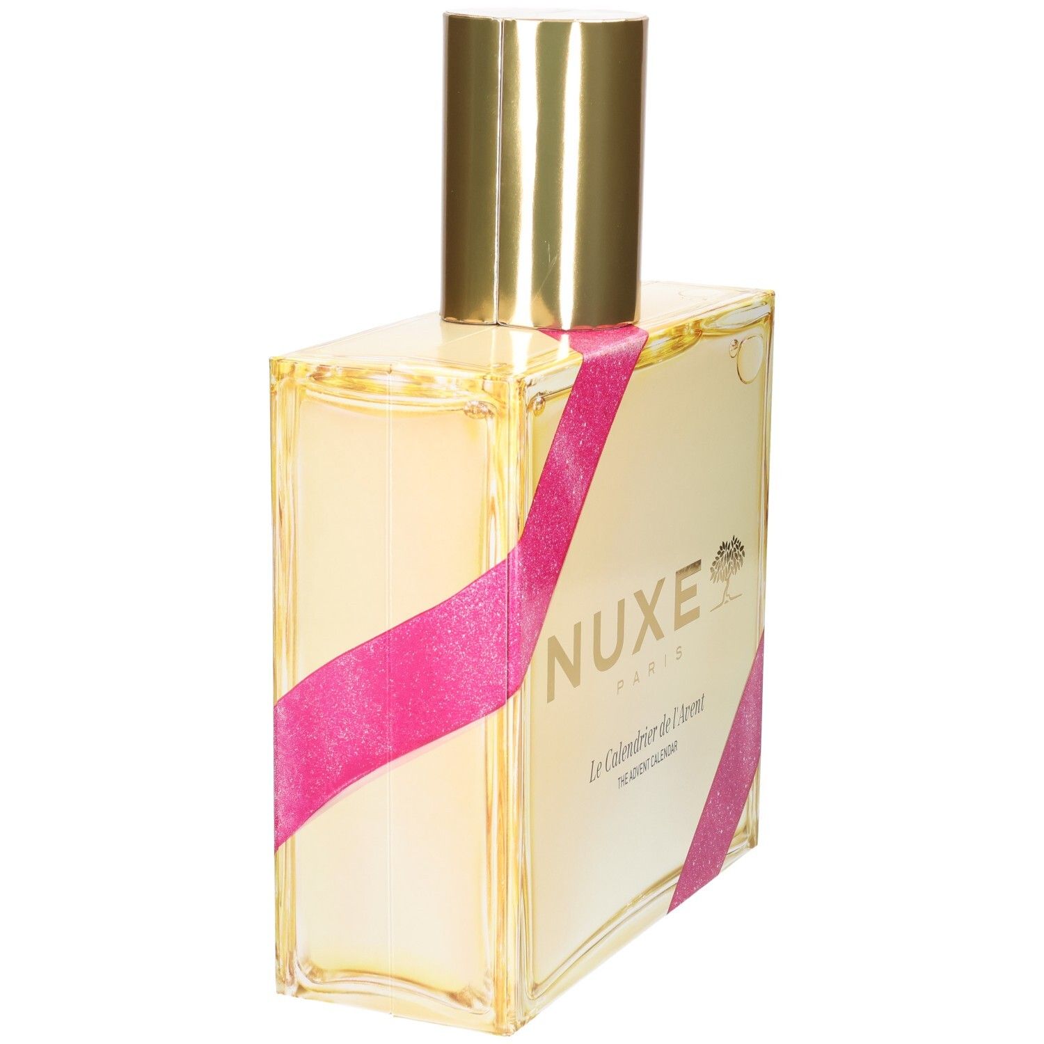 Calendrier de l'Avent Nuxe, vue latérale : flacon de verre, bouchon doré, rubans roses.