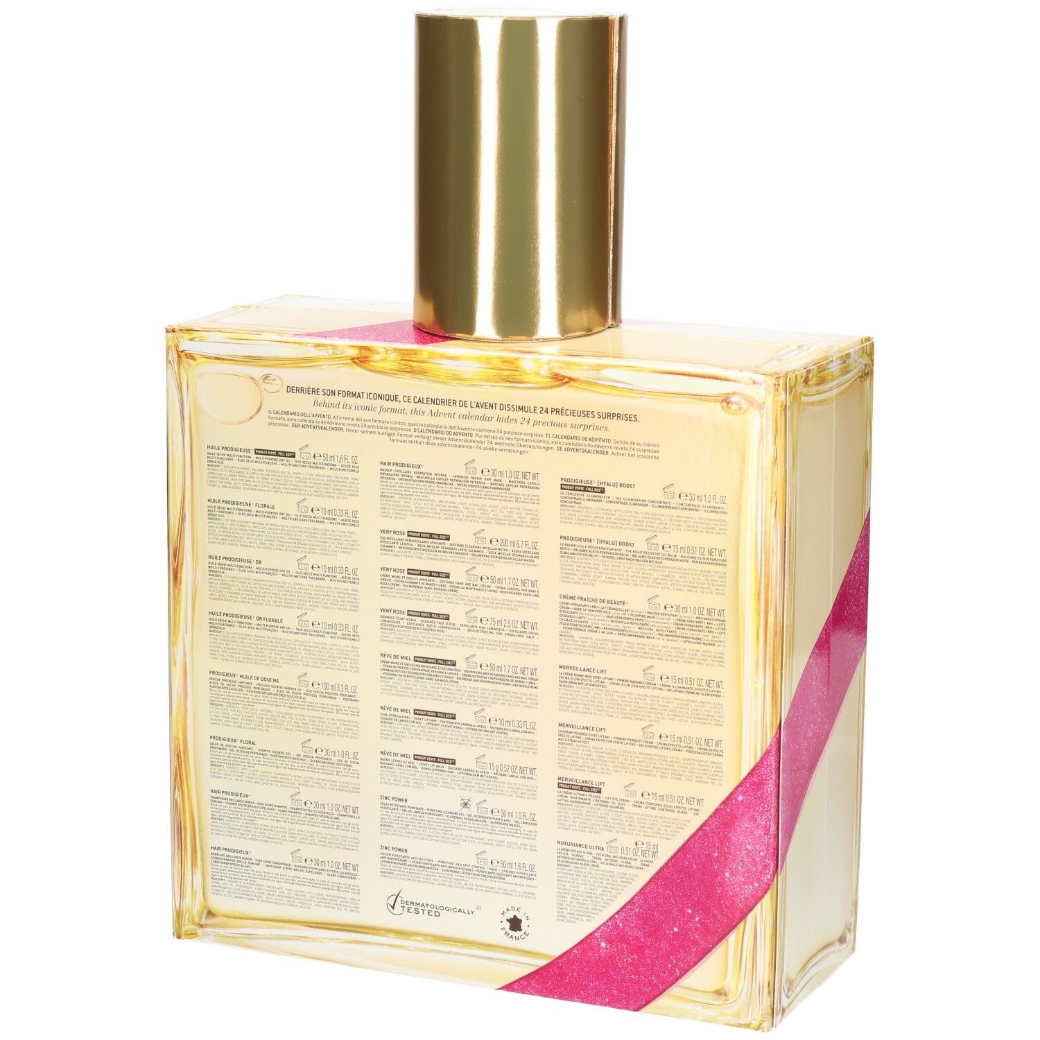 Arrière du Calendrier de l'Avent Nuxe : flacon de verre avec informations produit et rubans roses.