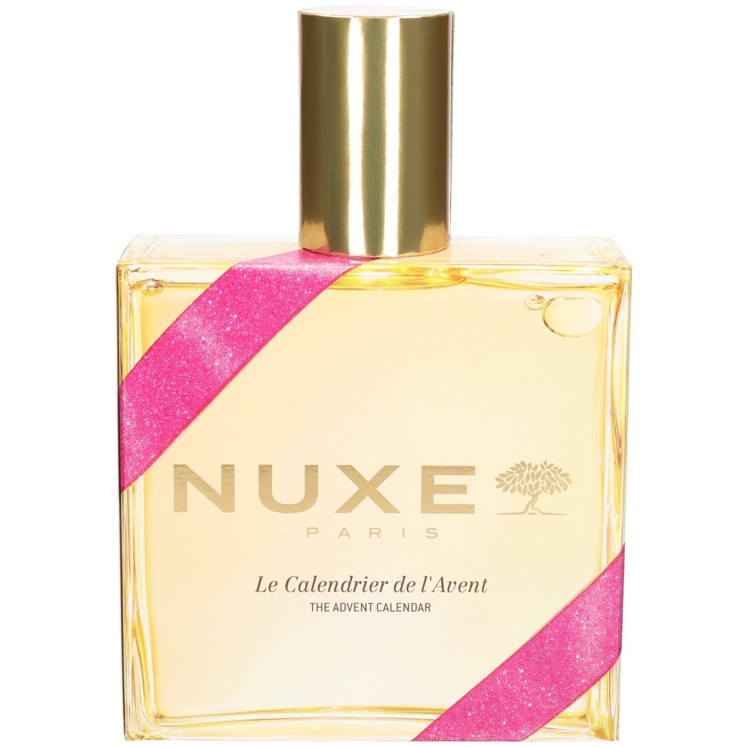 Calendrier de l'Avent Nuxe, vue avant : flacon de verre, bouchon doré, rubans roses.