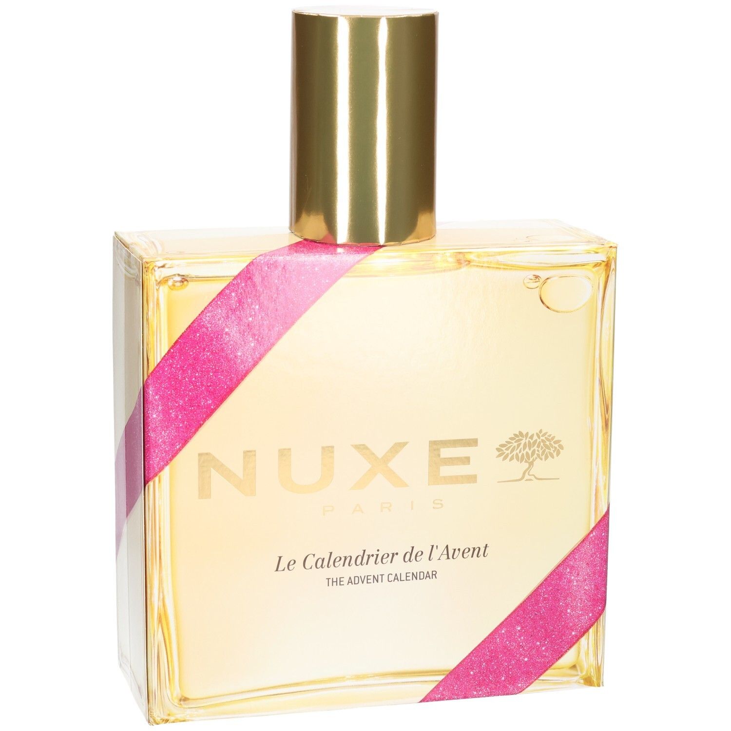 Calendrier de l'Avent Nuxe, vue de face : flacon de verre, bouchon doré, rubans roses.