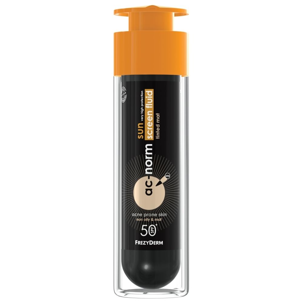 Frezyderm Ac-Norm fluide solaire flacon pompe, SPF 50+, teinté, matifiant.