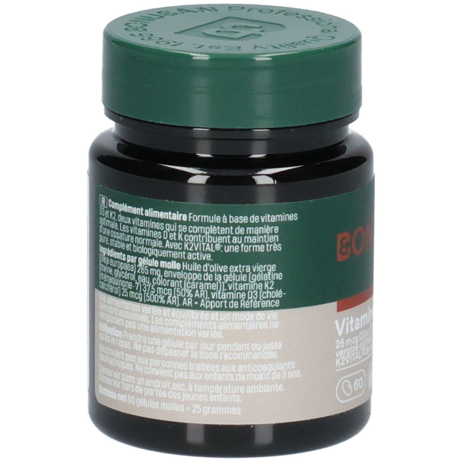 Bouteille Bonusan Vitamine D3 & K2, verso avec informations produit.