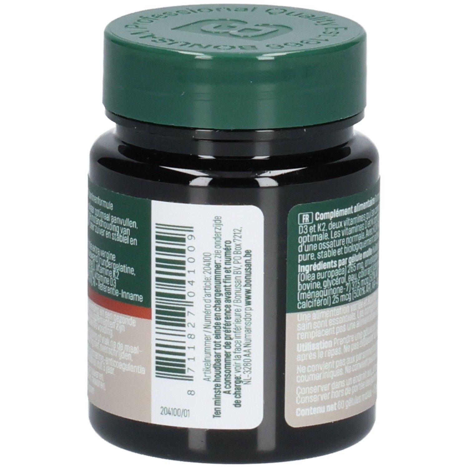 Bouteille Bonusan Vitamine D3 & K2, vue latérale avec code-barres et informations.