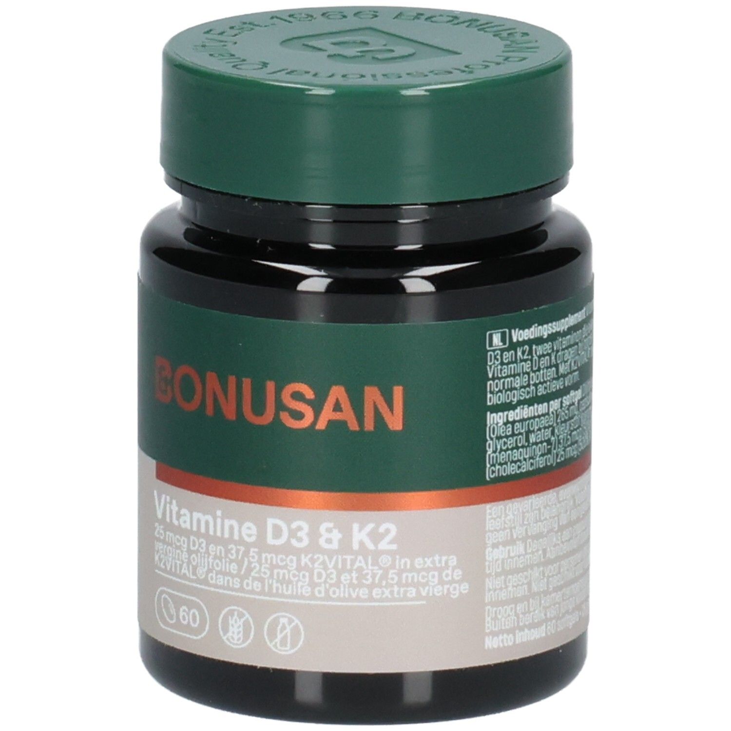 Bouteille Bonusan Vitamine D3 & K2, face avant avec nom du produit.