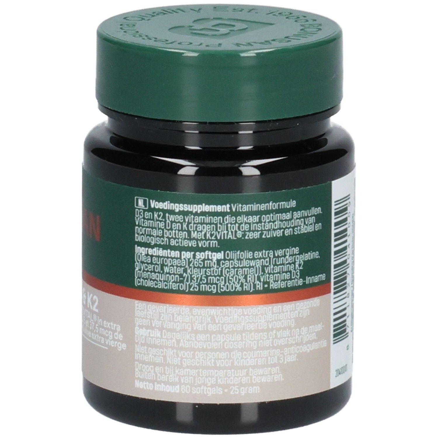 Bouteille Bonusan Vitamine D3 & K2, verso avec ingrédients détaillés.