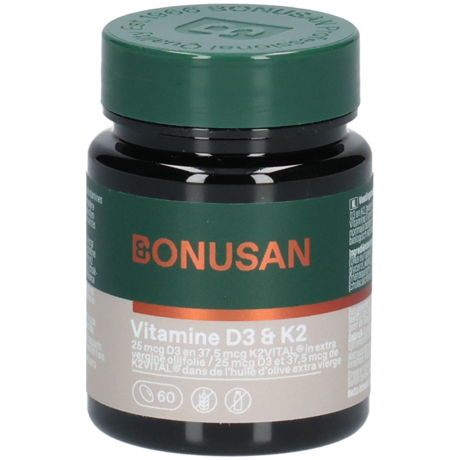 Bouteille Bonusan Vitamine D3 & K2, vue avant avec bouchon et étiquette.
