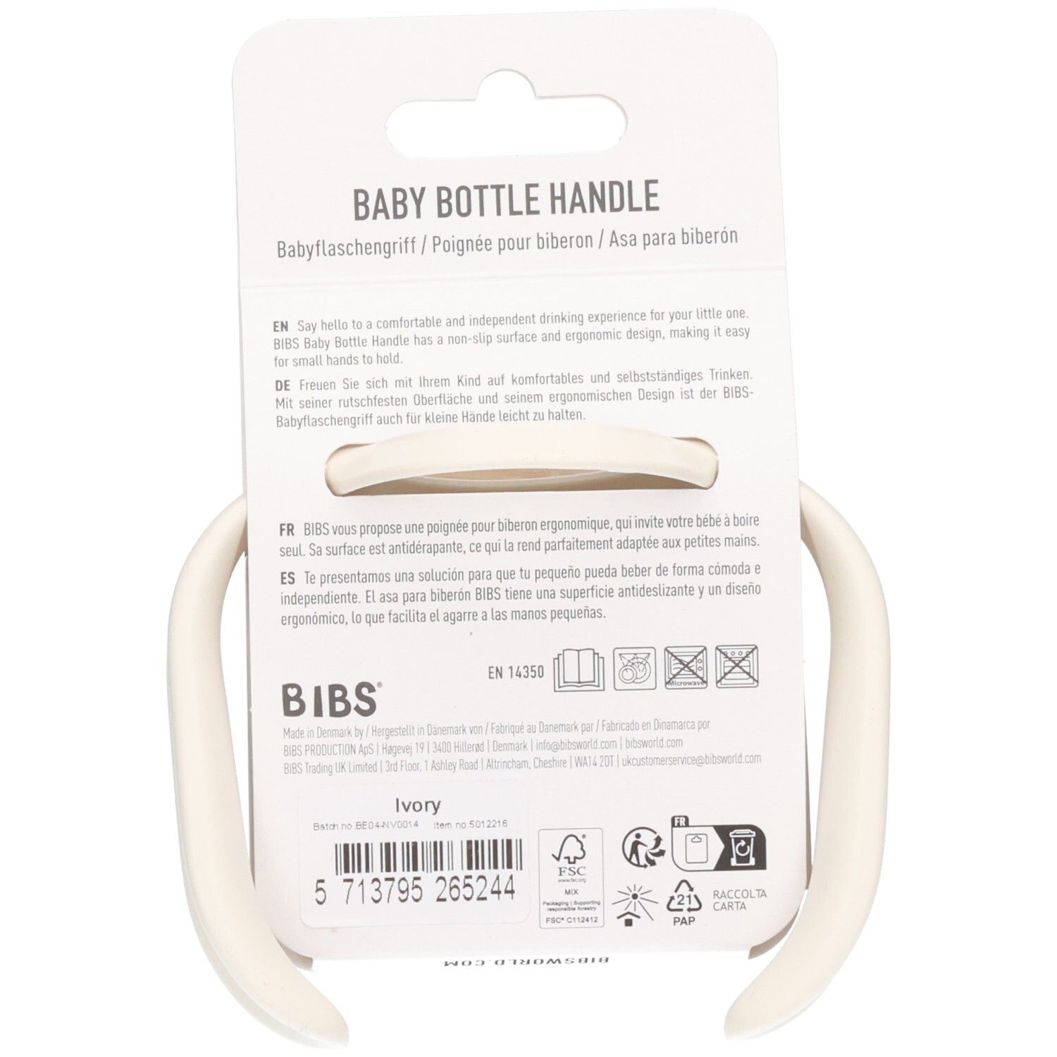Arrière de l'emballage de la poignée pour biberon BIBS. Informations sur le matériau et le design. Ivoire.