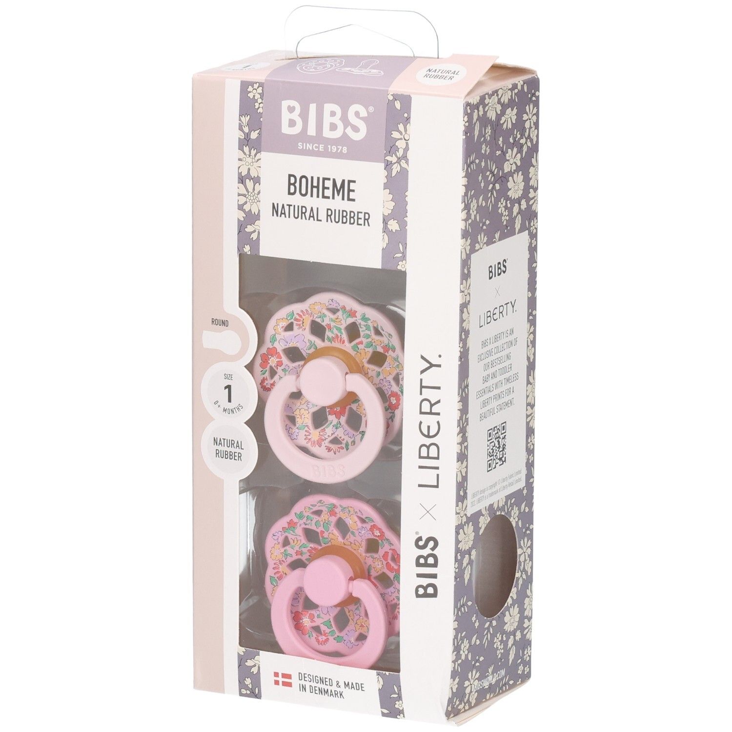 Lot de 2 sucettes BIBS Boheme x Liberty, T. 1, caoutchouc naturel, rose à motif floral.