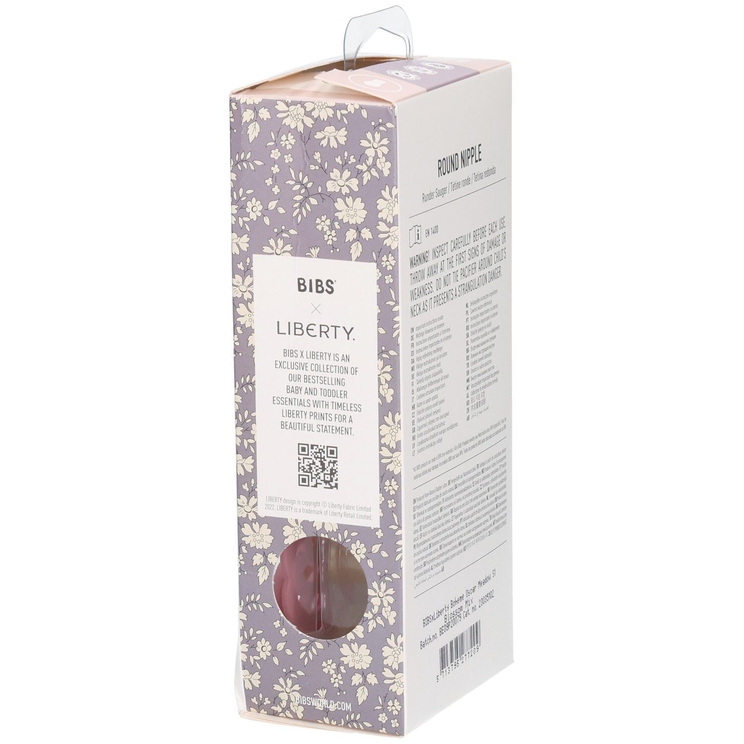 Sucette BIBS Boheme x Liberty, T. 1, caoutchouc naturel, rose à motif floral, vue latérale emballage.