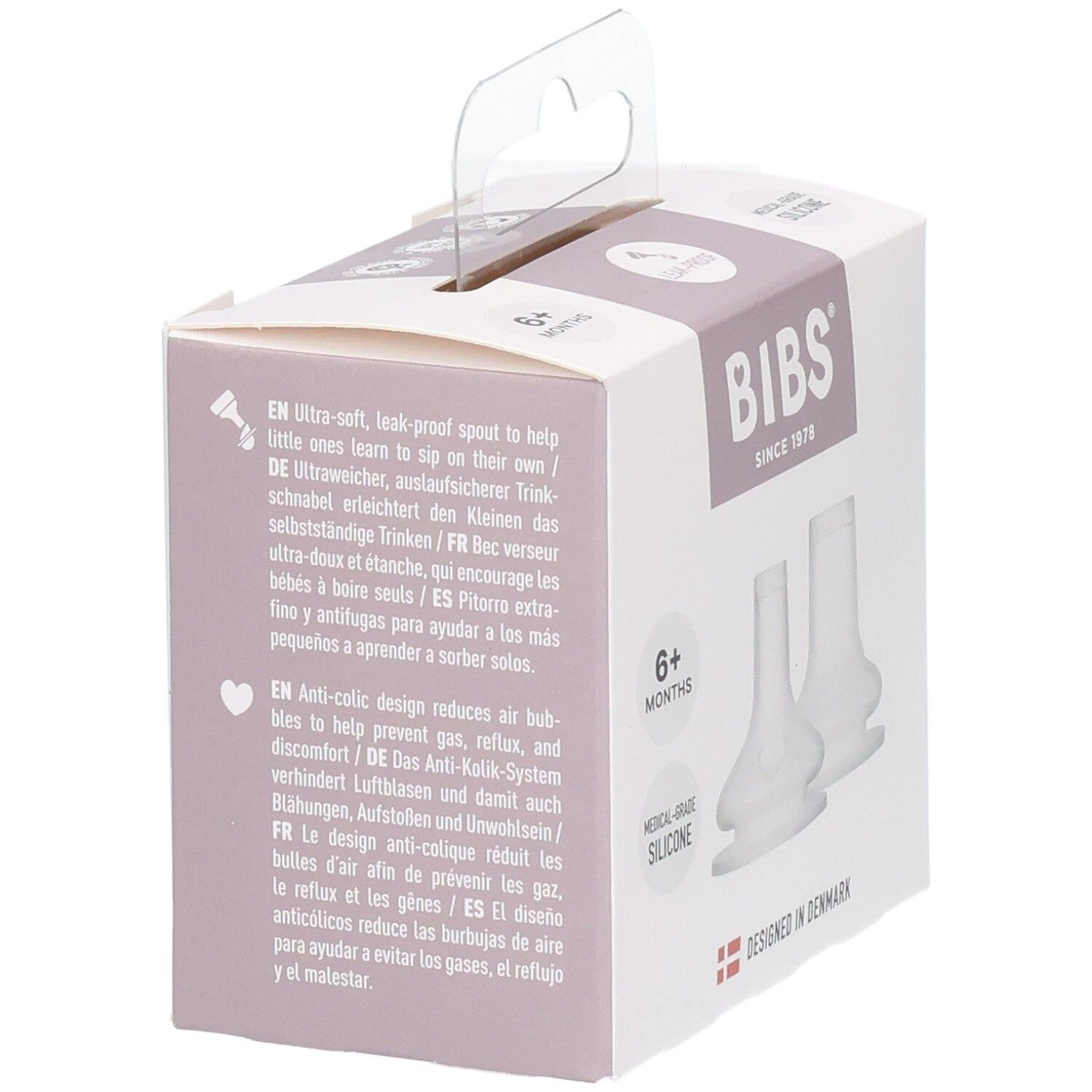 Embouts BIBS Sippy Spouts: design anti-colique, étanche, en silicone médical.
