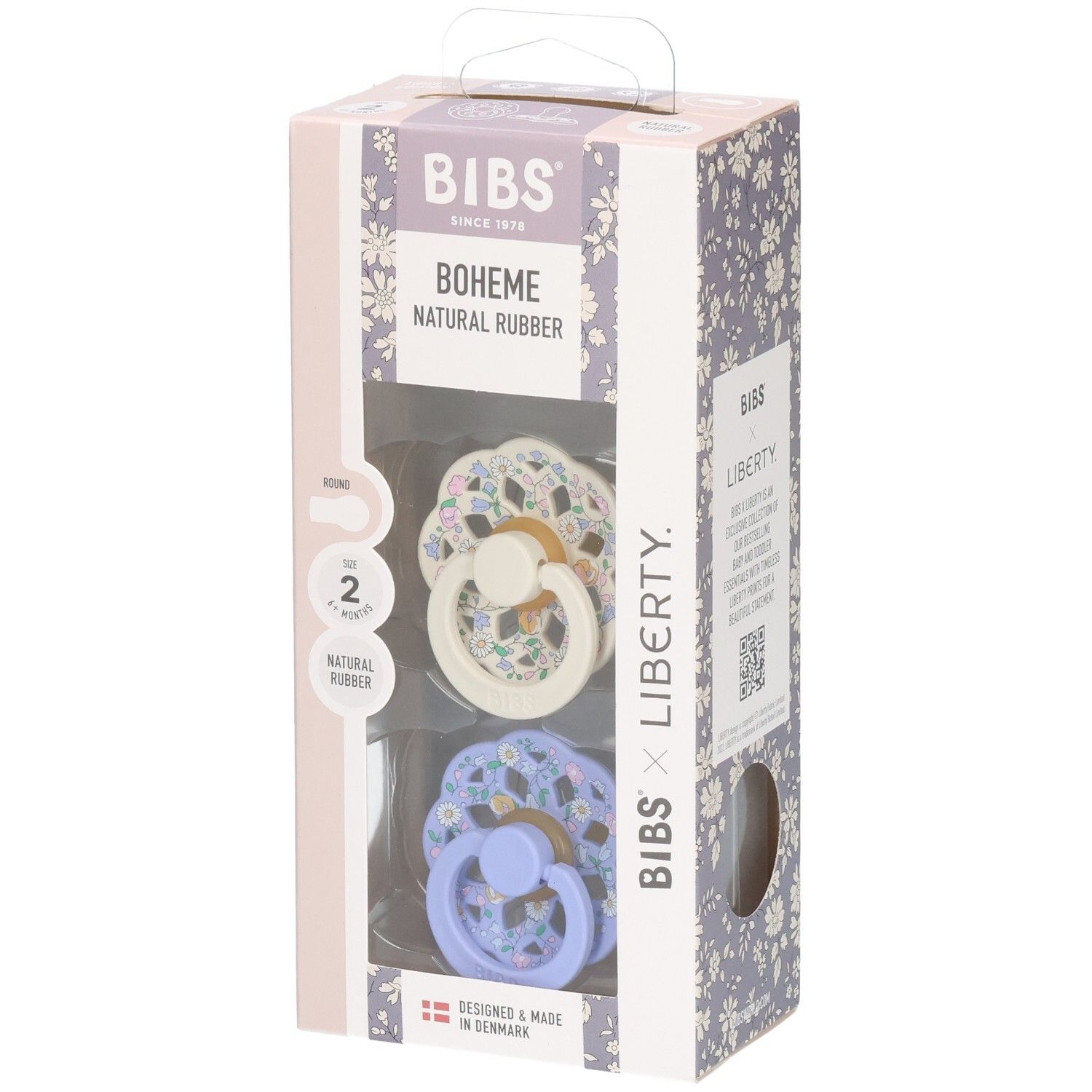Lot de 2 sucettes BIBS Boheme x Liberty, taille 2, caoutchouc naturel, crème et lilas à motif floral.