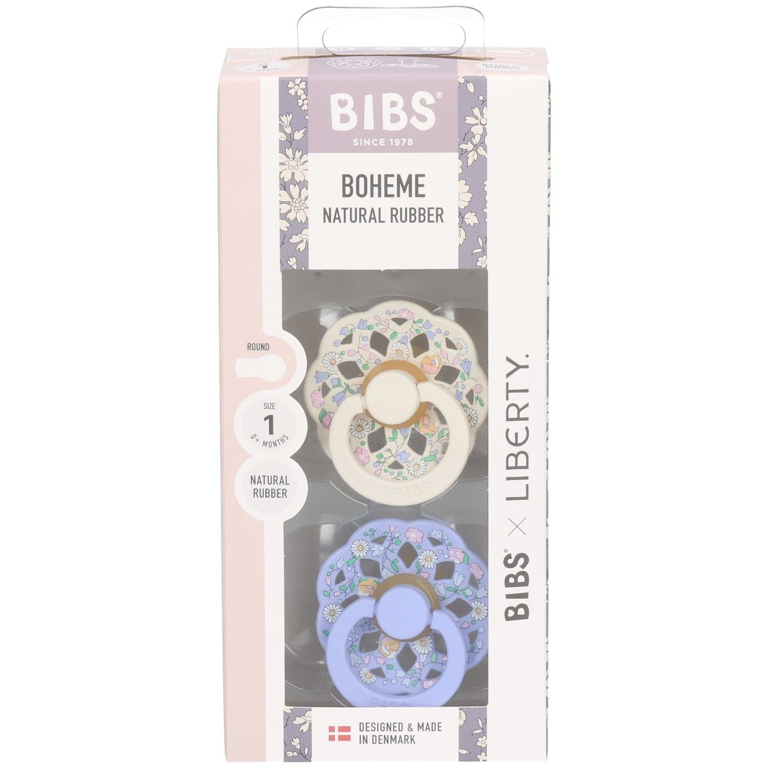 Sucette BIBS Boheme x Liberty, taille 1, caoutchouc naturel, motif floral, crème.