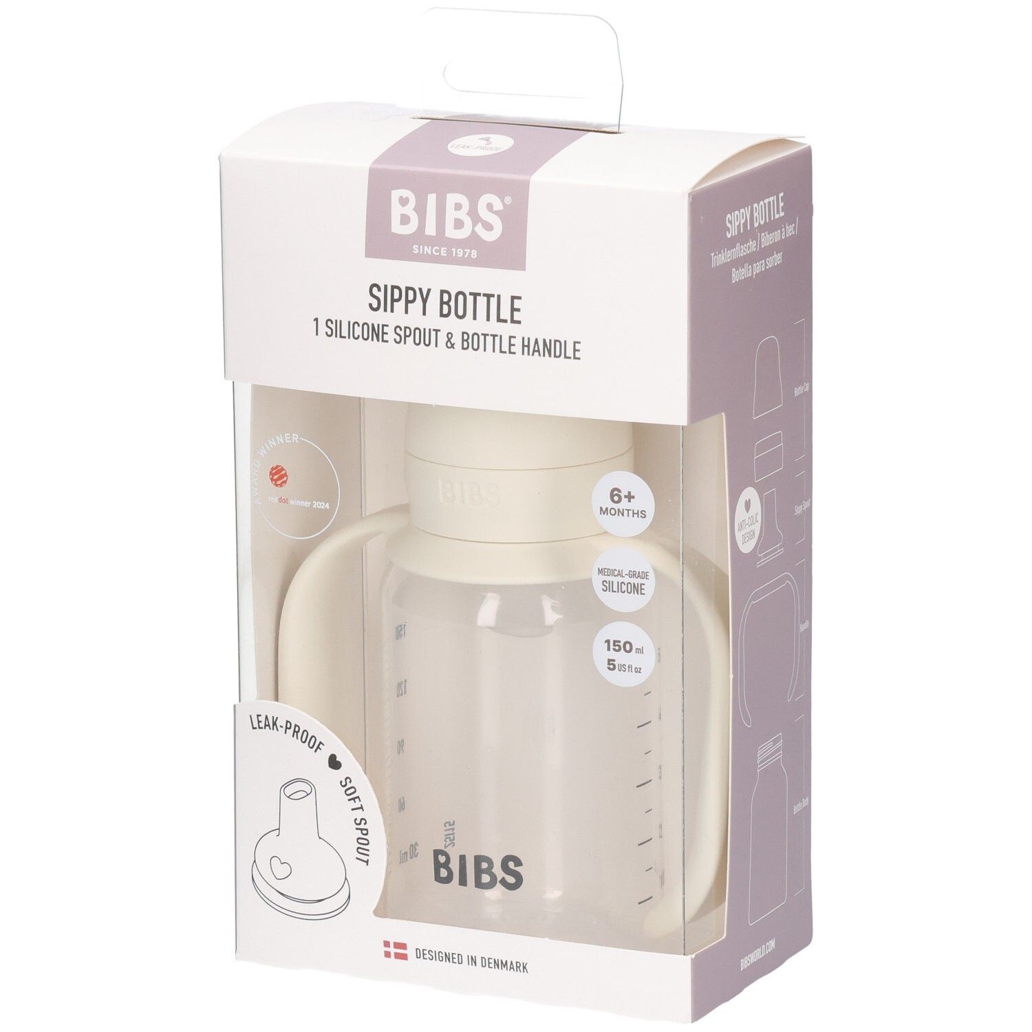 Biberon BIBS Ivory, 150ml, avec poignées et bec verseur en silicone.