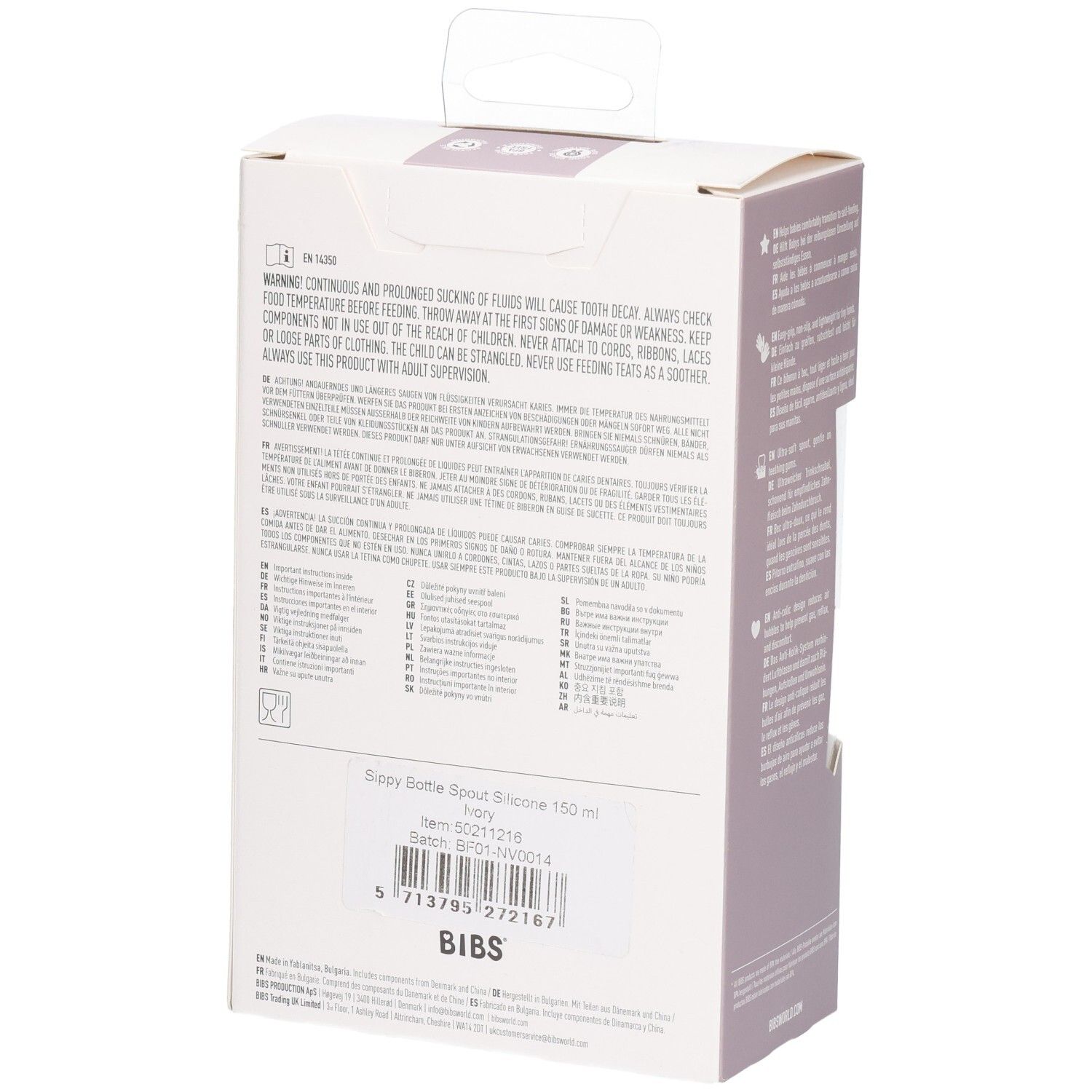 Arrière de l'emballage du biberon BIBS avec avertissements et informations produit.