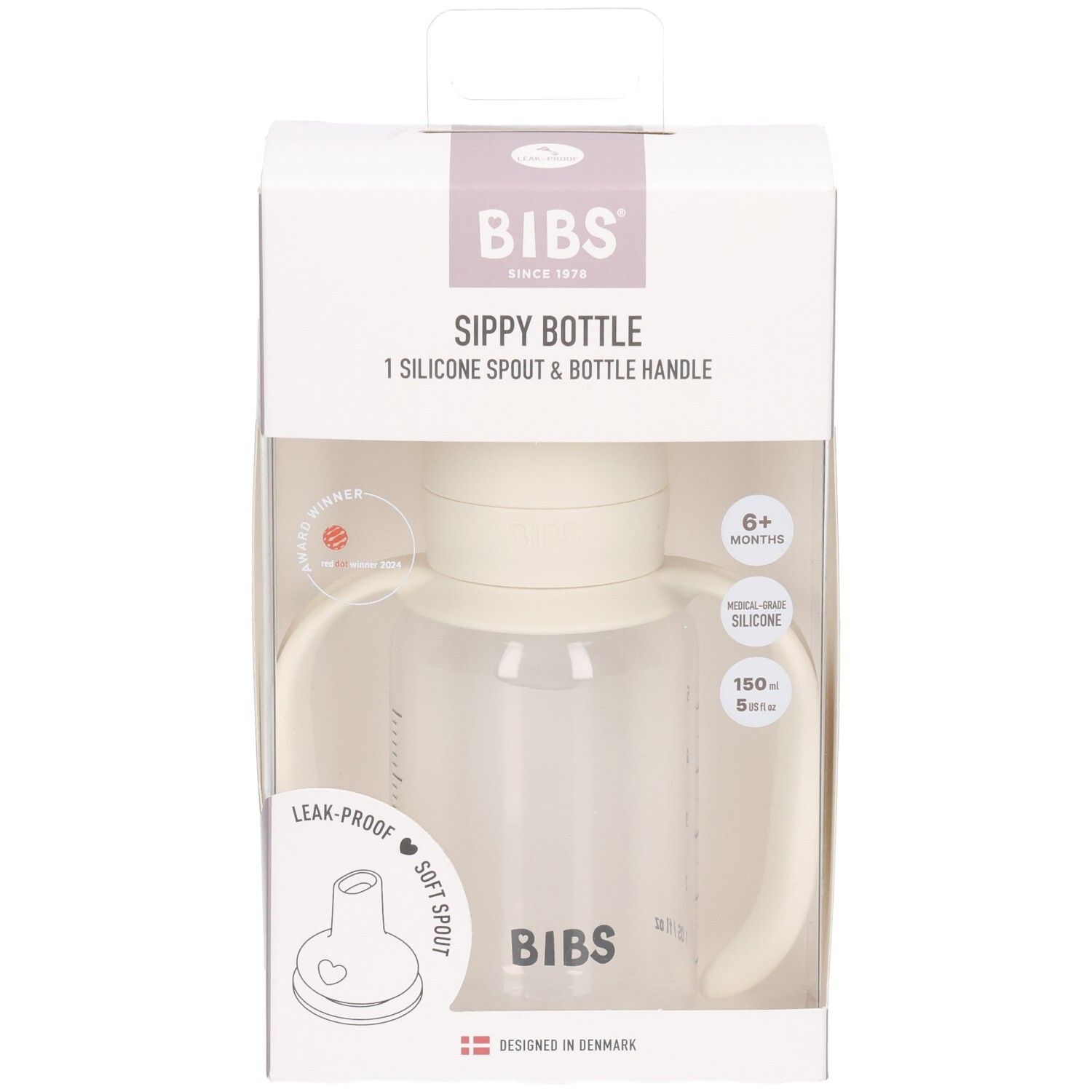 Biberon BIBS Ivory, 150ml, avec poignées et bec verseur en silicone, vue de face.