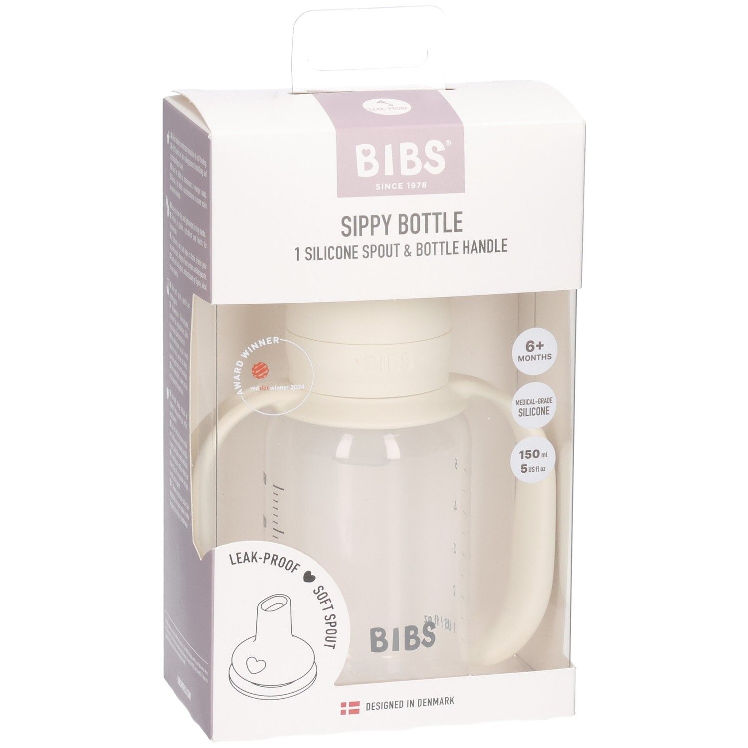 Biberon BIBS Ivory, 150ml, avec poignées et bec verseur en silicone, vue légèrement inclinée.