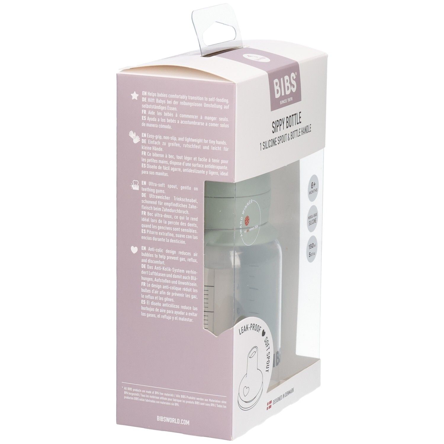Emballage du biberon BIBS Sage, avec informations multilingues et illustrations du produit.