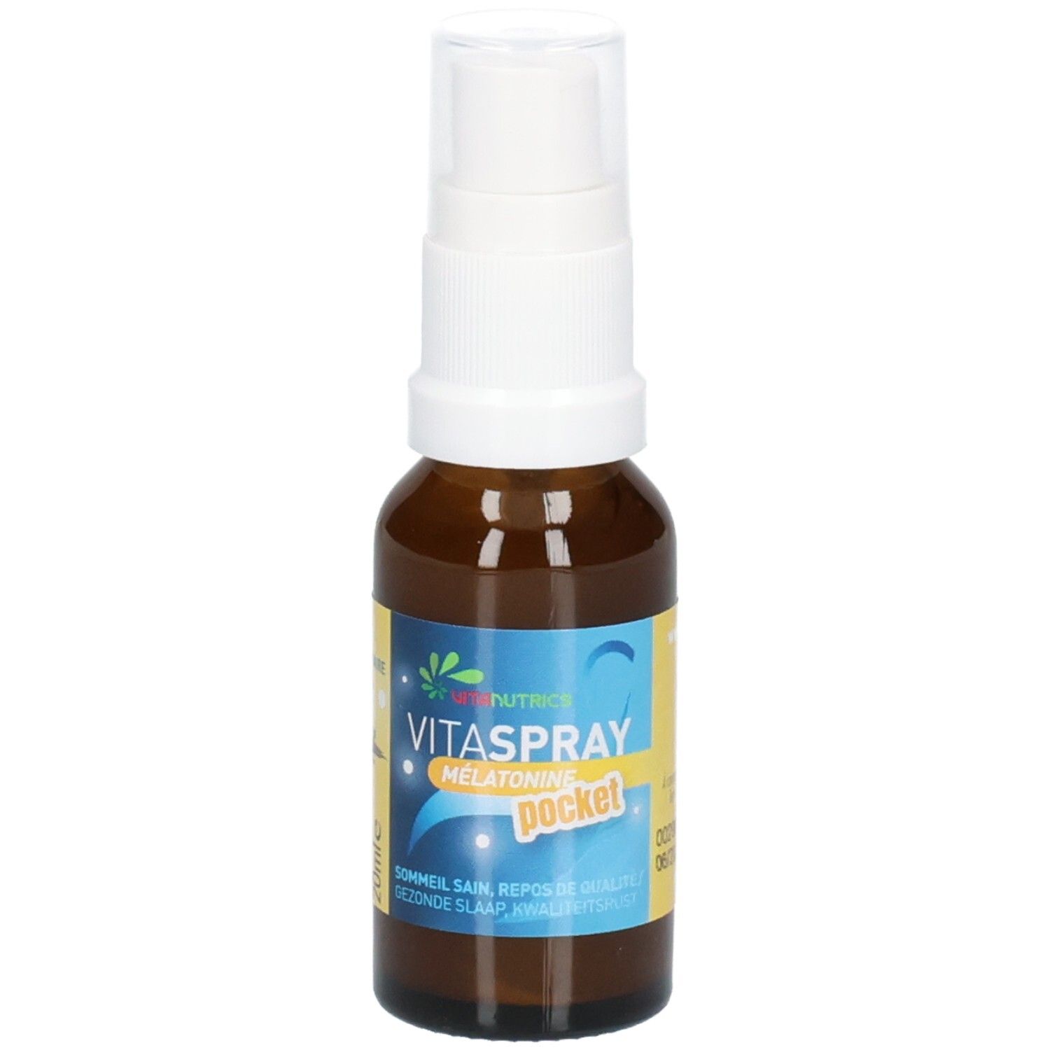 Flacon spray brun avec bouchon blanc et étiquette Vitanutrics Vitaspray Melatonin Pocket.