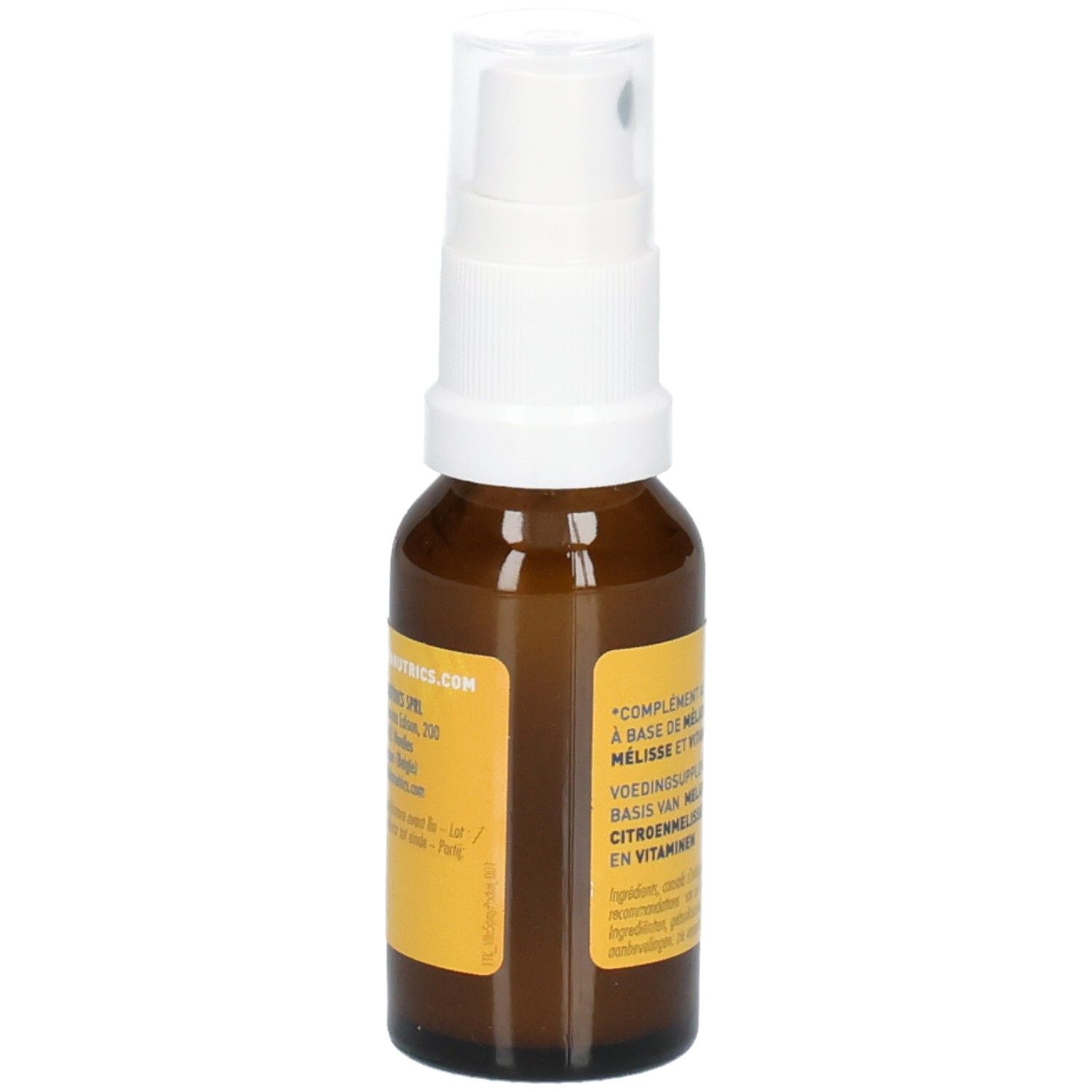 Vue latérale d'un flacon spray brun avec bouchon blanc et étiquette d'informations.