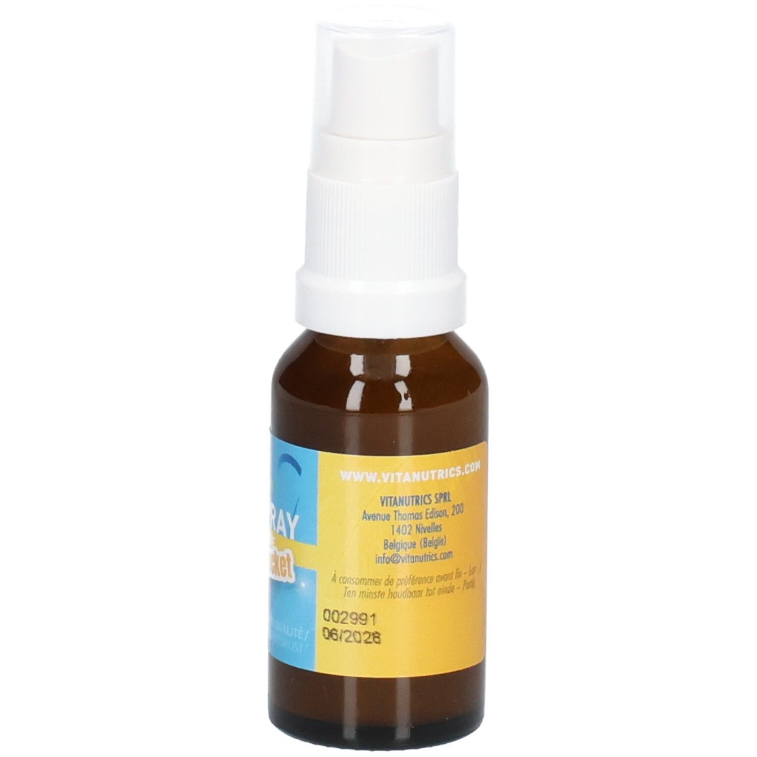 Flacon spray brun avec bouchon blanc, étiquette Vitanutrics et date d'expiration 06/2028.