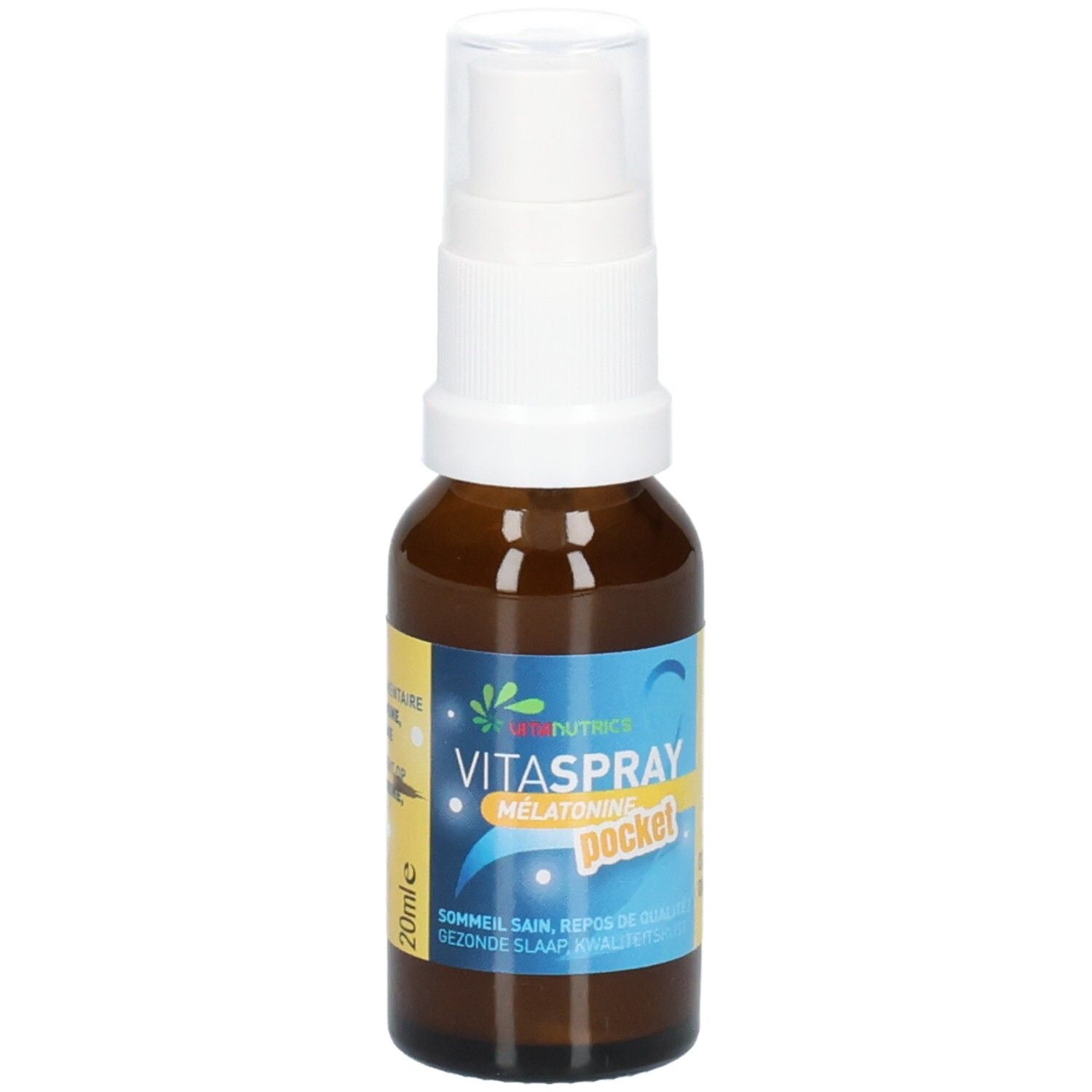 Flacon spray brun avec bouchon blanc, étiquette Vitanutrics et volume de 20 ml.