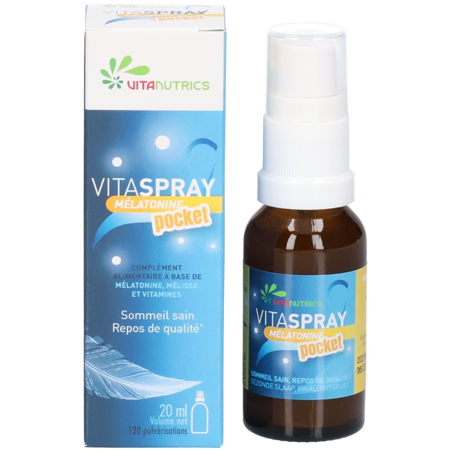 Flacon spray Vitanutrics Vitaspray Melatonin Pocket à côté de sa boîte.