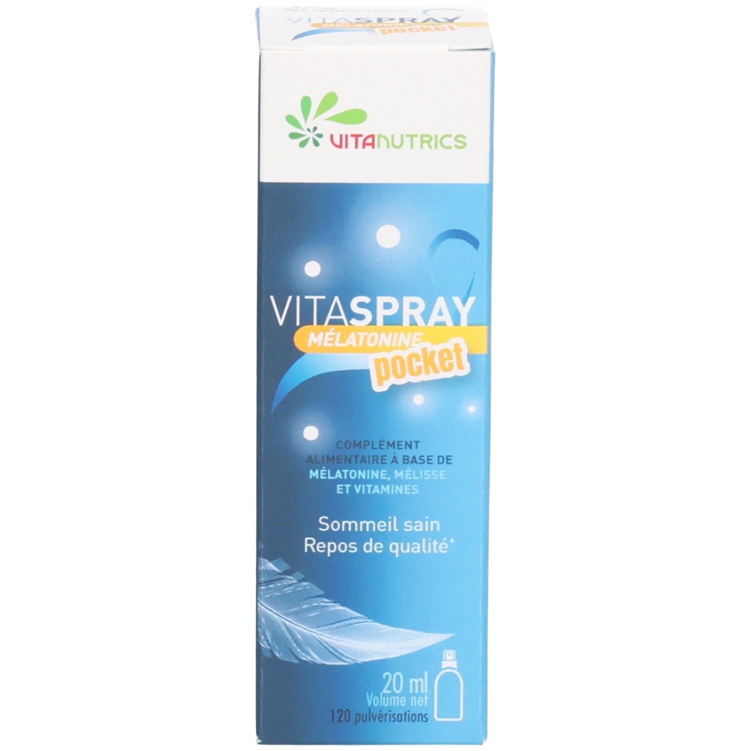 Boîte Vitanutrics Vitaspray Melatonin Pocket avec informations produit et 20 ml.