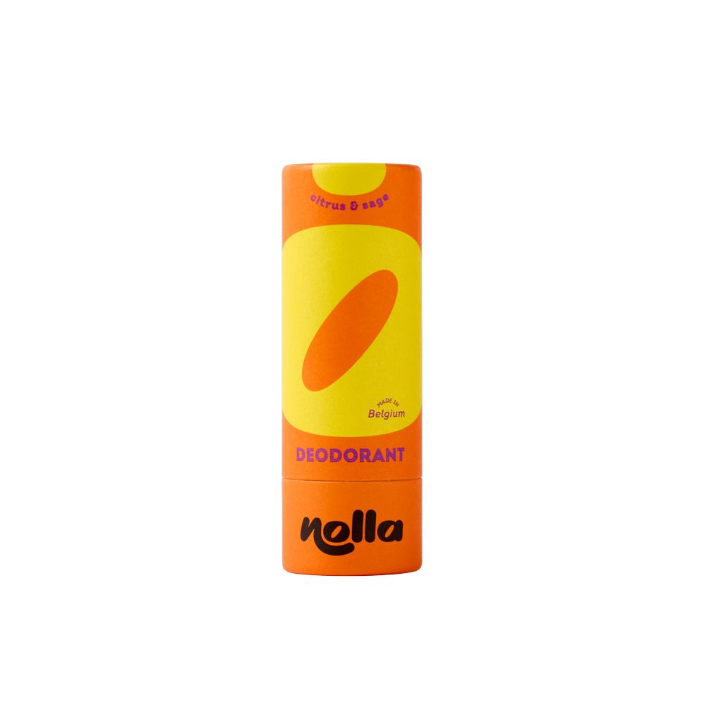 Déodorant Nolla dans un emballage cylindrique orange avec un cercle jaune et une forme ovale. "DEODORANT" et "nolla" sont visibles.